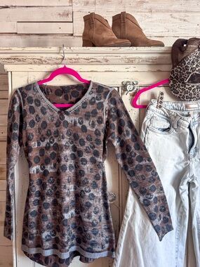 Brown Leopard Print Long Sleeve V-Neck Top